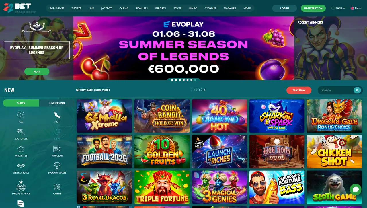 22Bet Casino in-game play