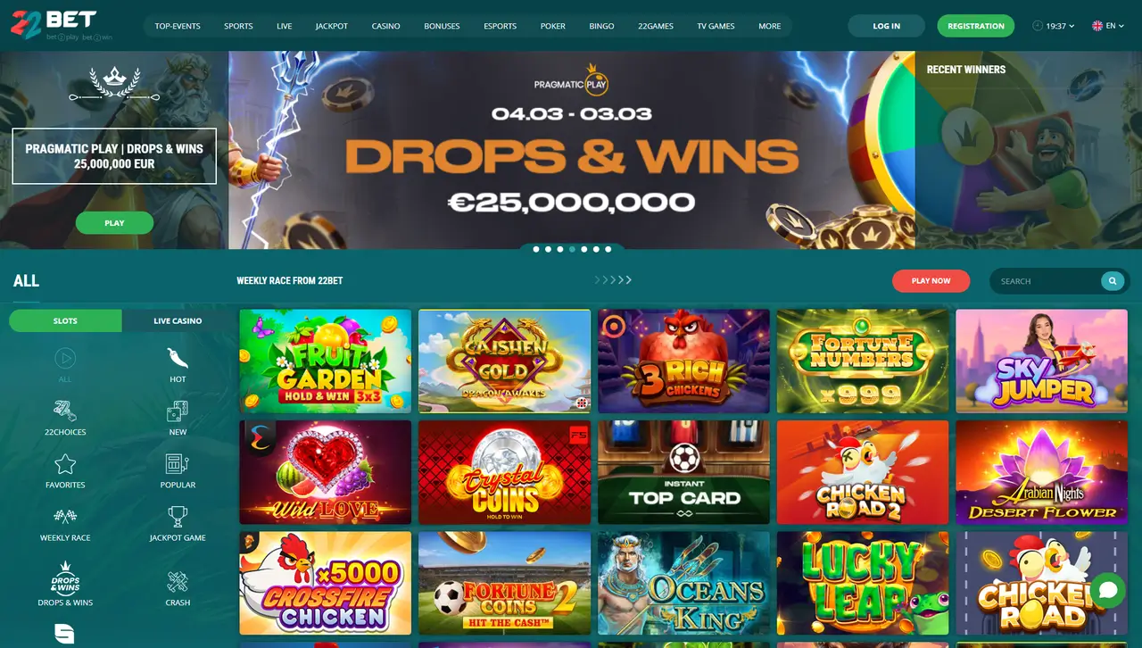 22Bet Casino lobby and game library