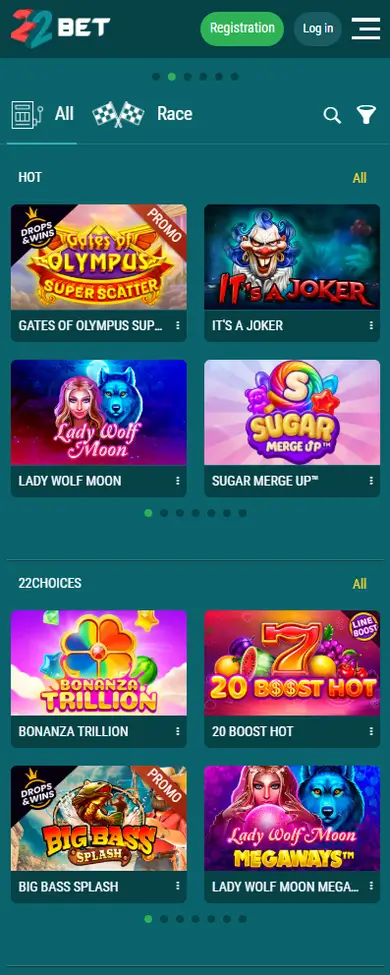 22Bet Casino mobile view