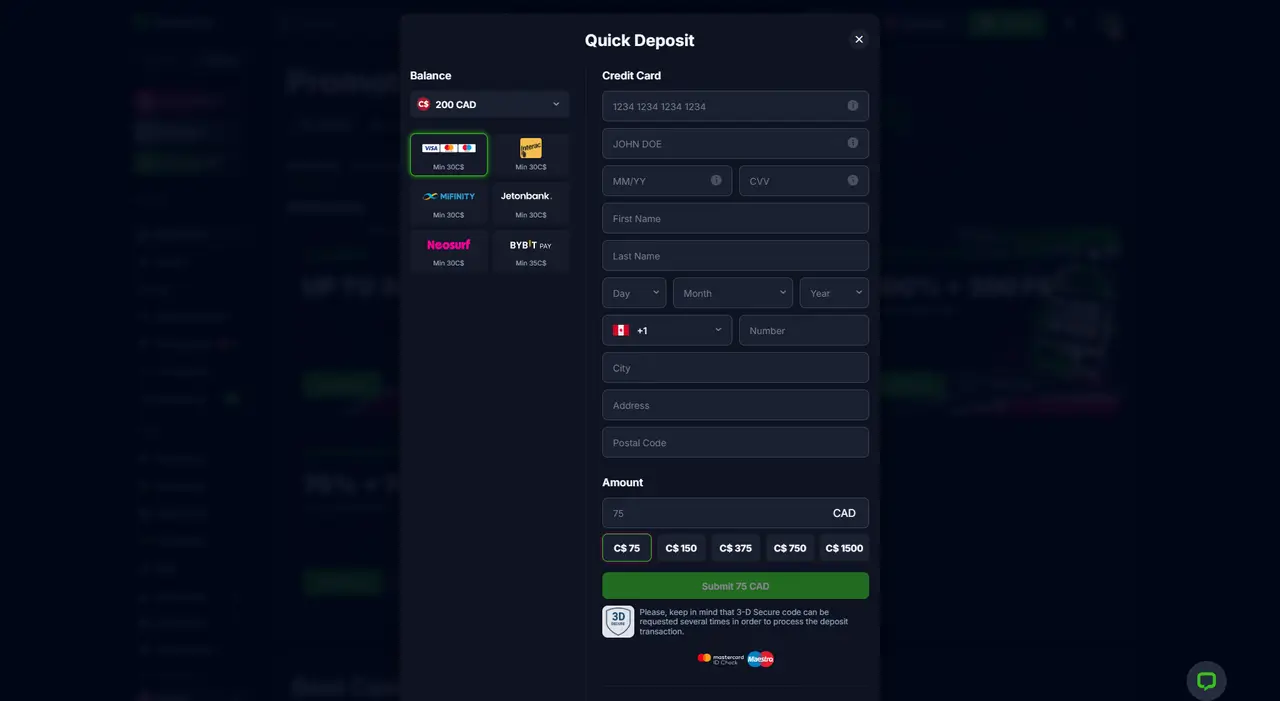 Bet.io Casino deposit screen