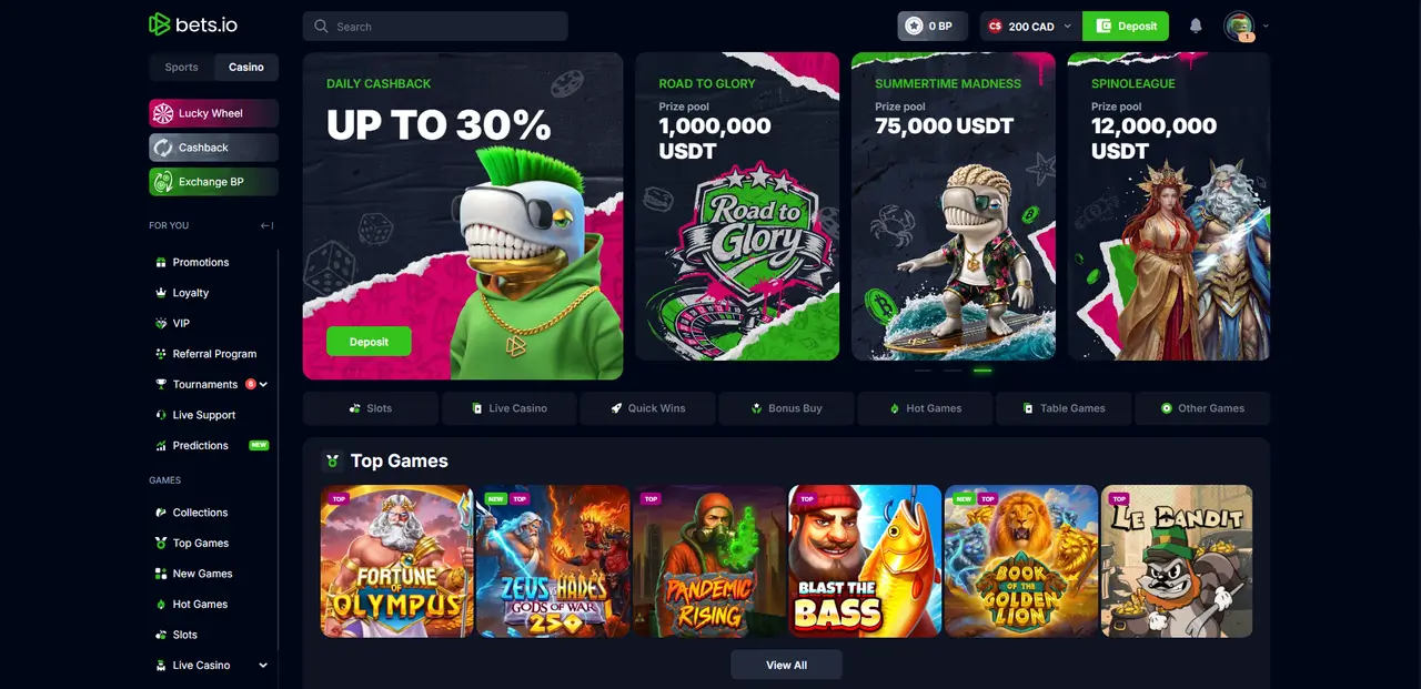 Bet.io Casino lobby and game library