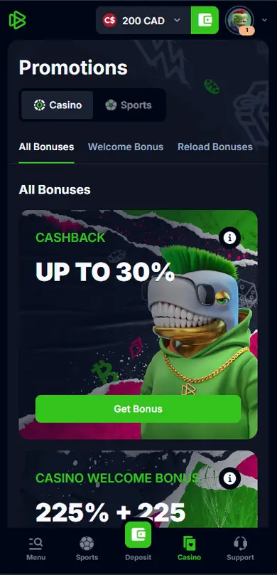 Bet.io Casino mobile lobby