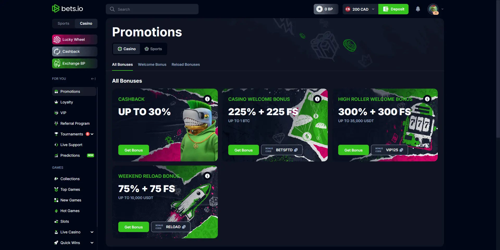 Bet.io Casino promotions page