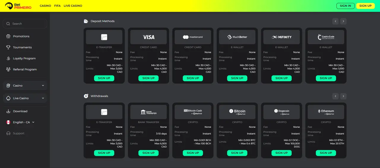BetPrimeiro Casino deposit screen