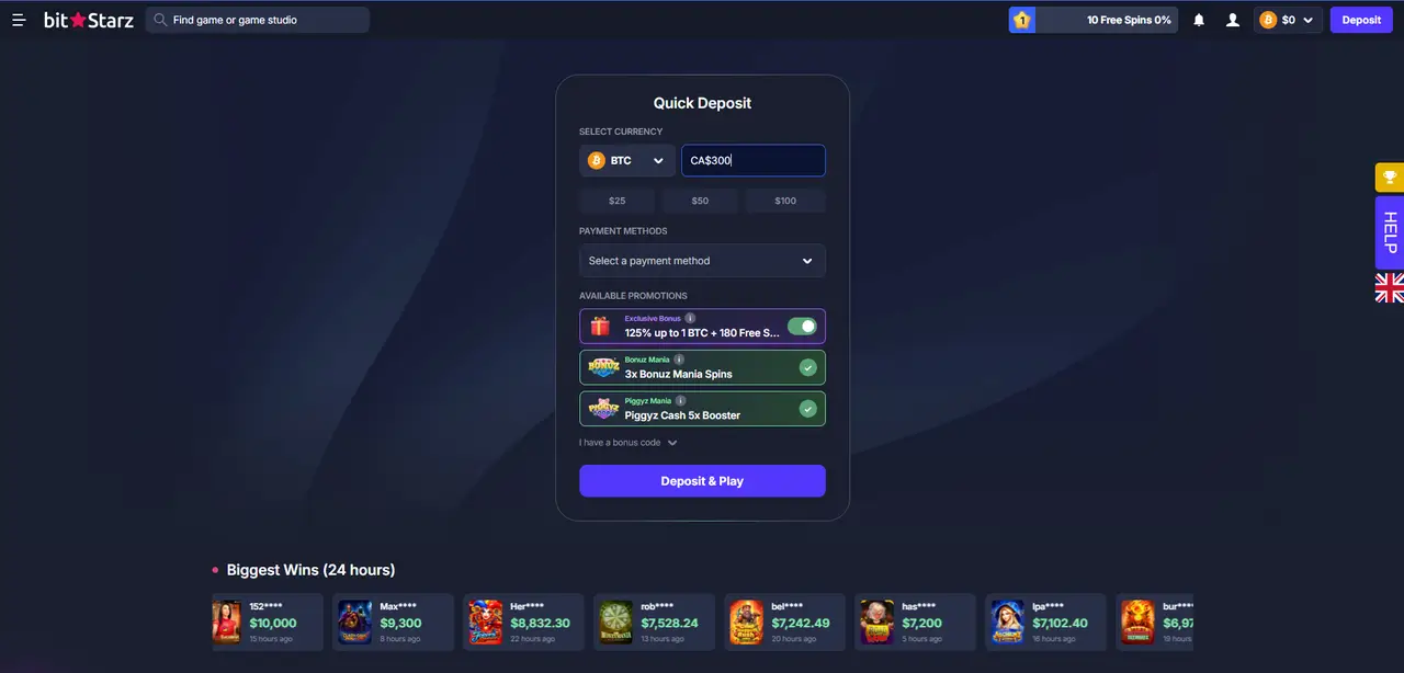 BitStarz Casino deposit screen