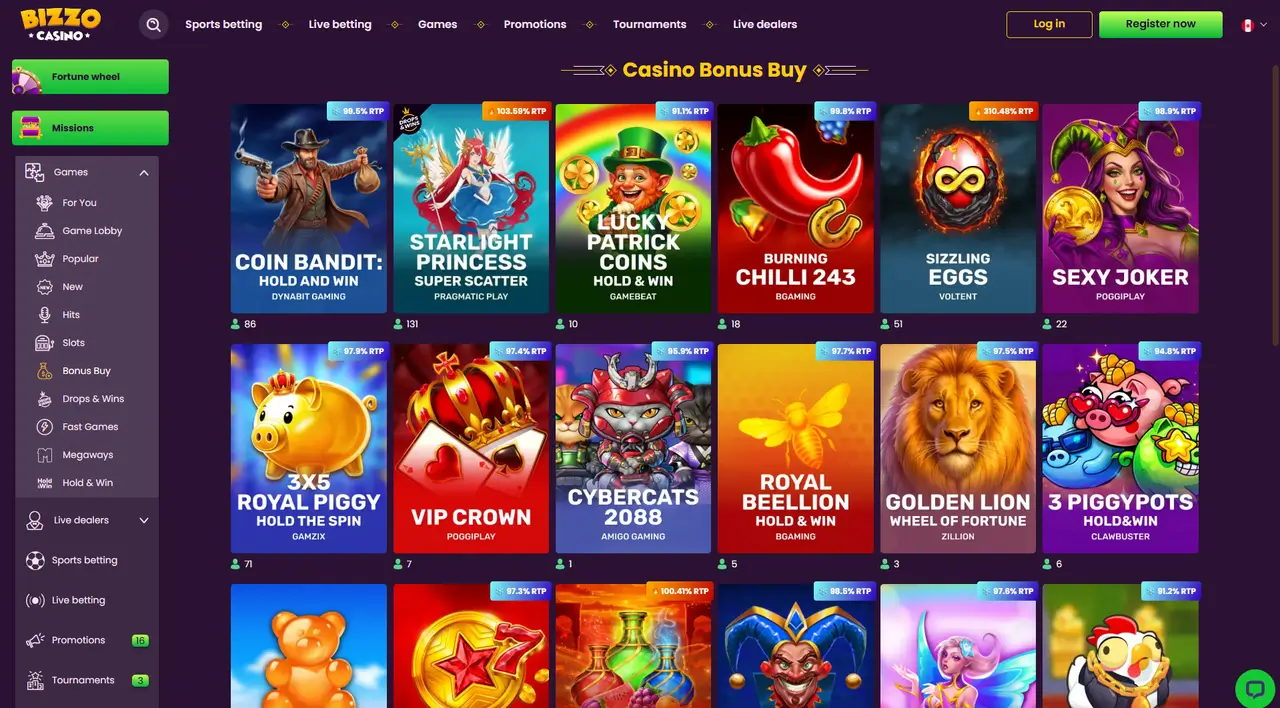 Bizzo Casino welcome bonus page