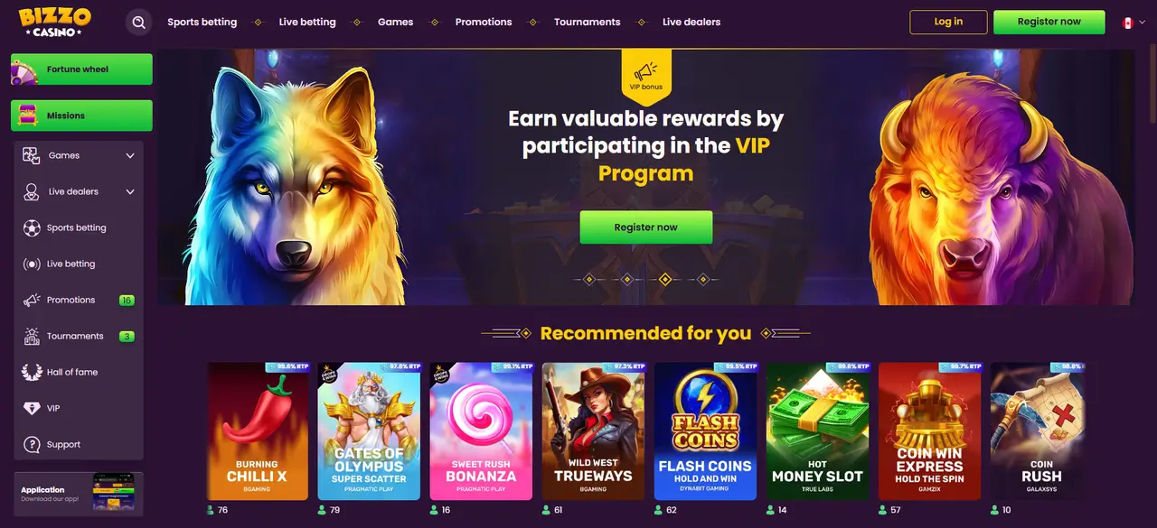 Bizzo Casino lobby and game library