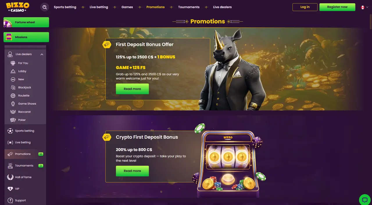 Bizzo Casino promotions page