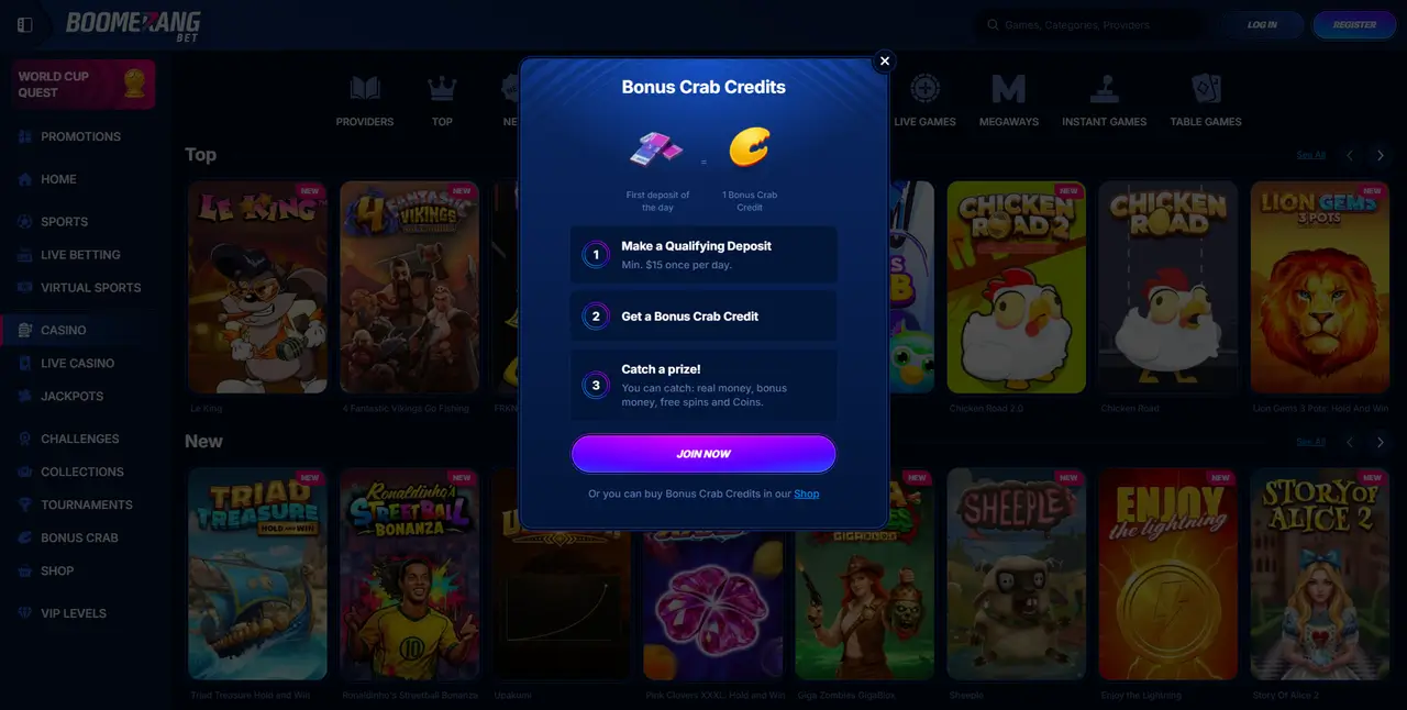 Boomerang Bet Casino welcome bonus page
