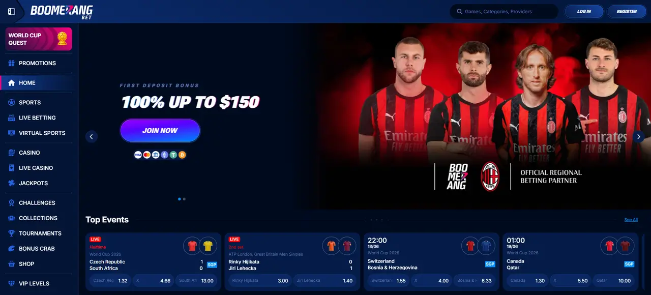 Boomerang Bet Casino lobby and game library