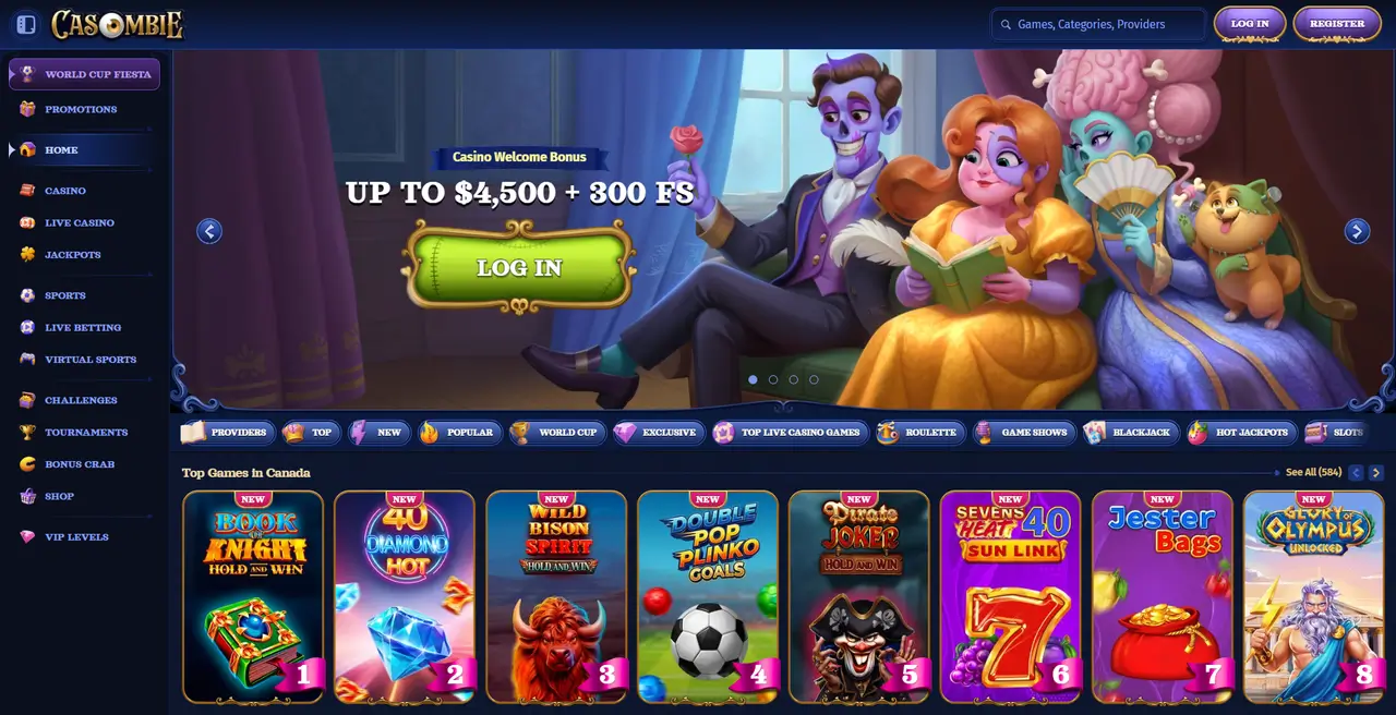 Casombie Casino lobby and game library