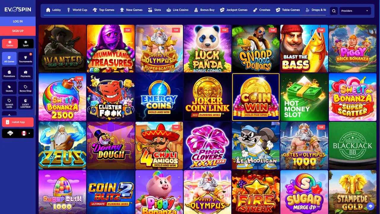 Evospin Casino lobby and game library