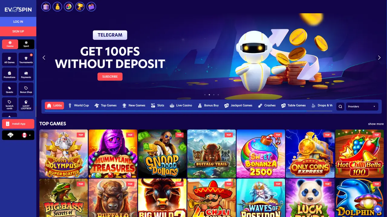 Evospin Casino lobby and game library