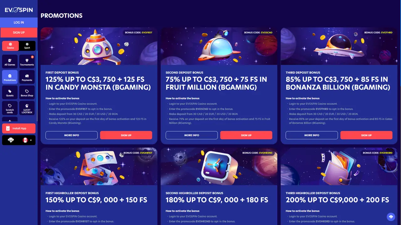 Evospin Casino promotions page