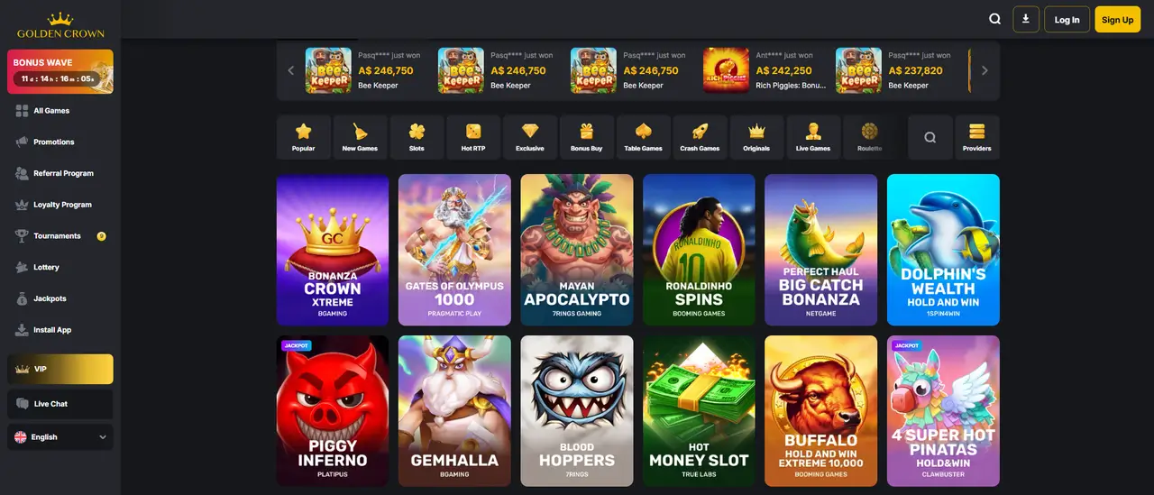 Golden Crown Casino lobby and game library