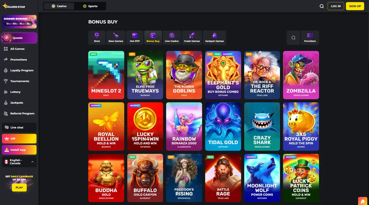 Golden Star Casino welcome bonus page
