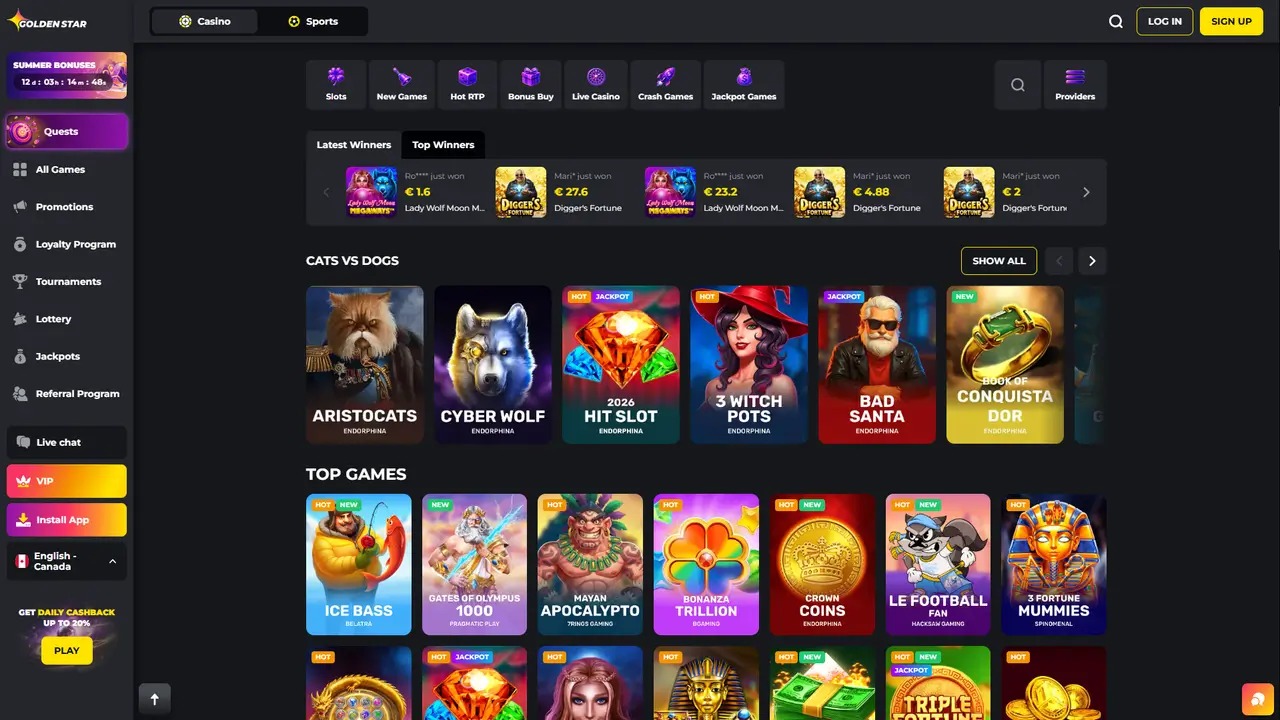 Golden Star Casino lobby and game library