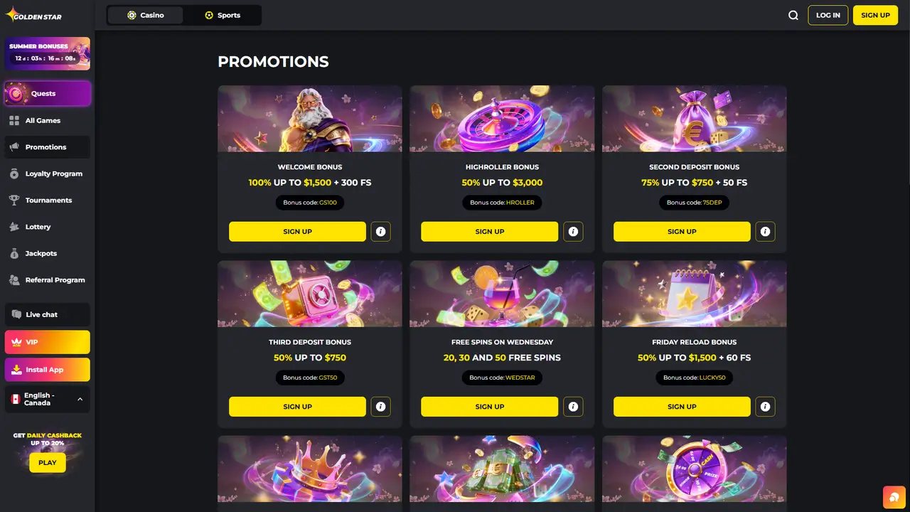 Golden Star Casino promotions page