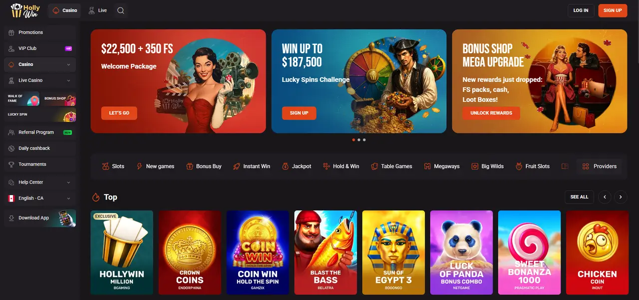 HollyWin Casino lobby and game library