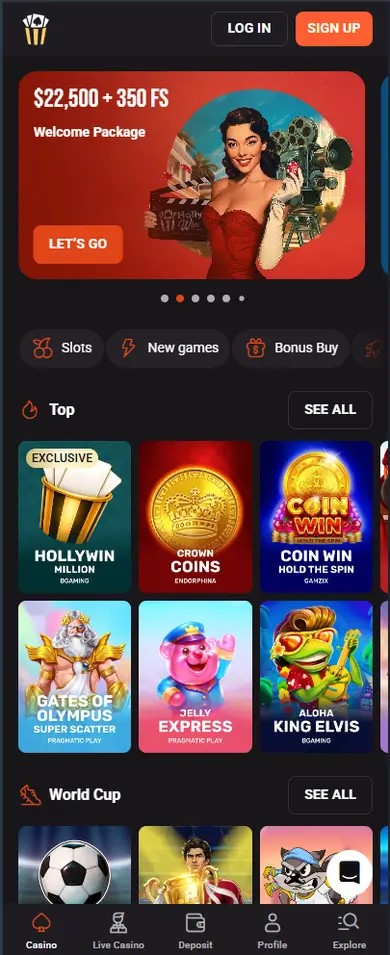 HollyWin Casino mobile view