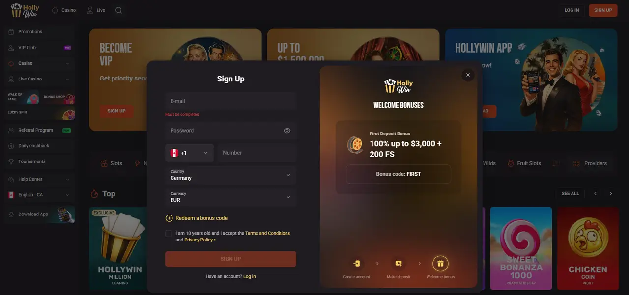HollyWin Casino Registration