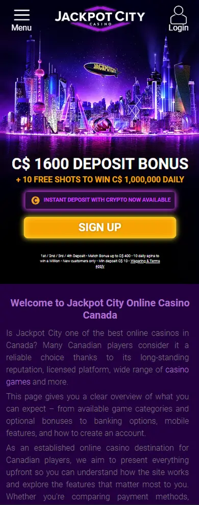 JackpotCity Casino mobile view
