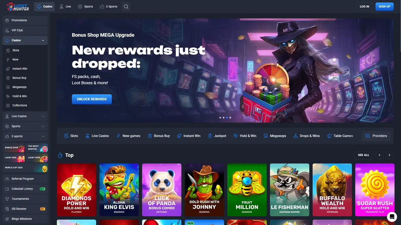 Lucky Hunter Casino lobby and game library