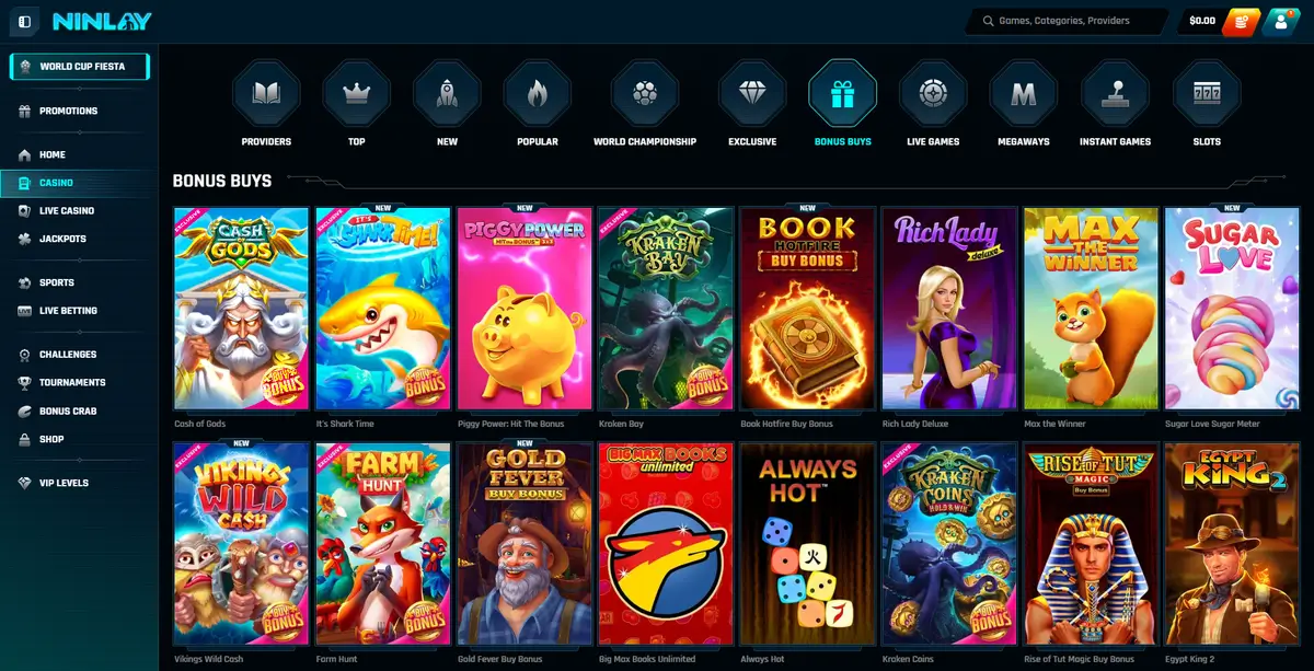 Ninlay Casino welcome bonus page