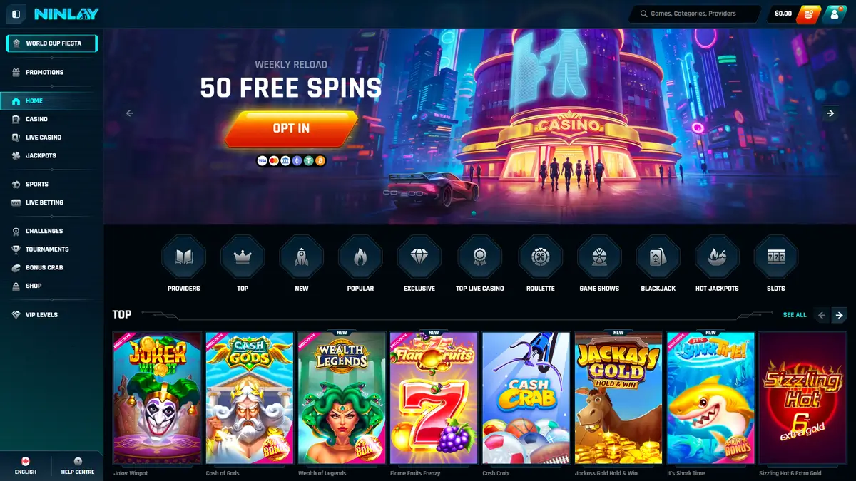 Ninlay Casino lobby and game library
