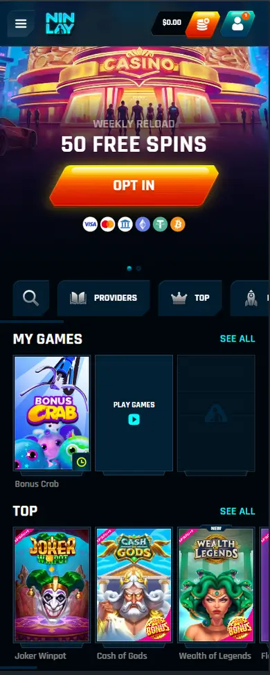 Ninlay Casino mobile view