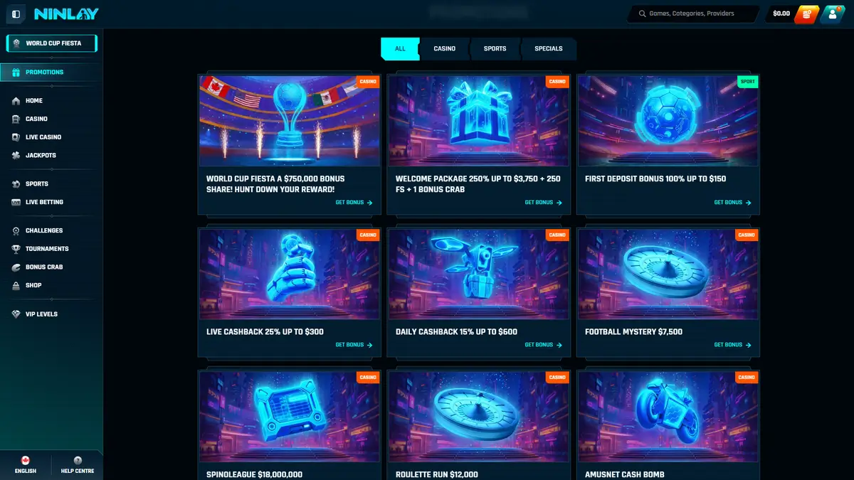 Ninlay Casino promotions page
