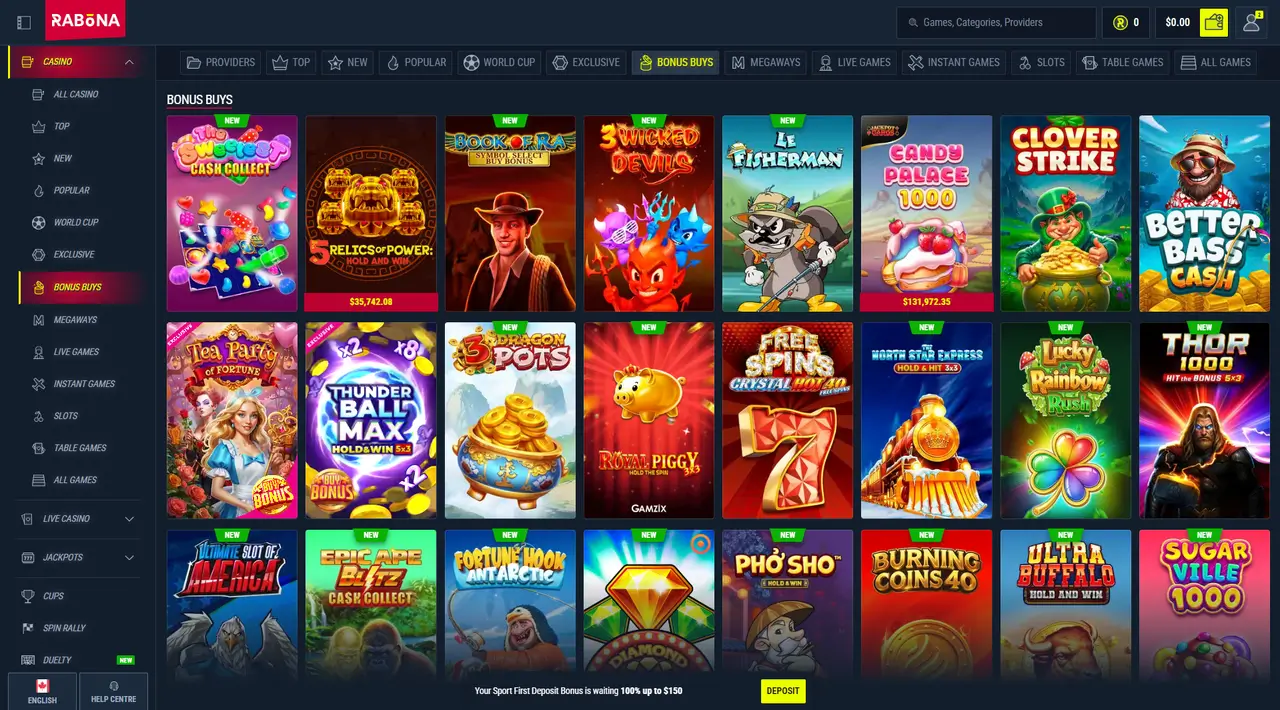 Rabona Casino welcome bonus page