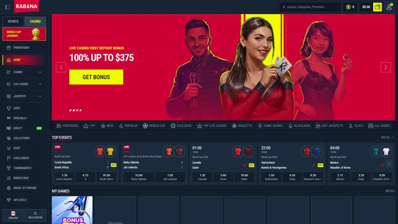 Rabona Casino lobby and game library