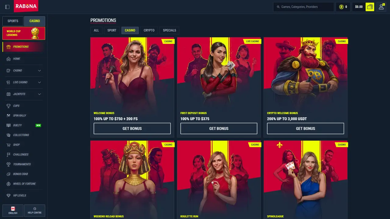 Rabona Casino promotions page
