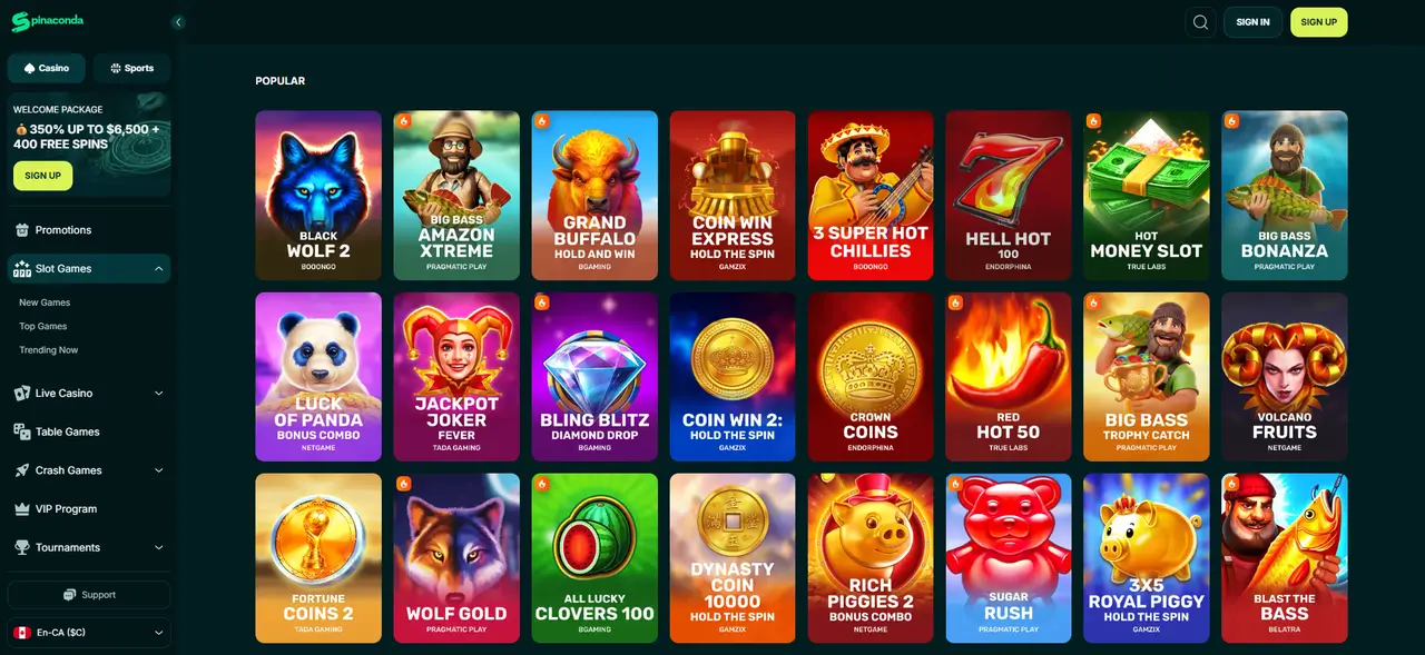 Spinaconda Casino in-game play