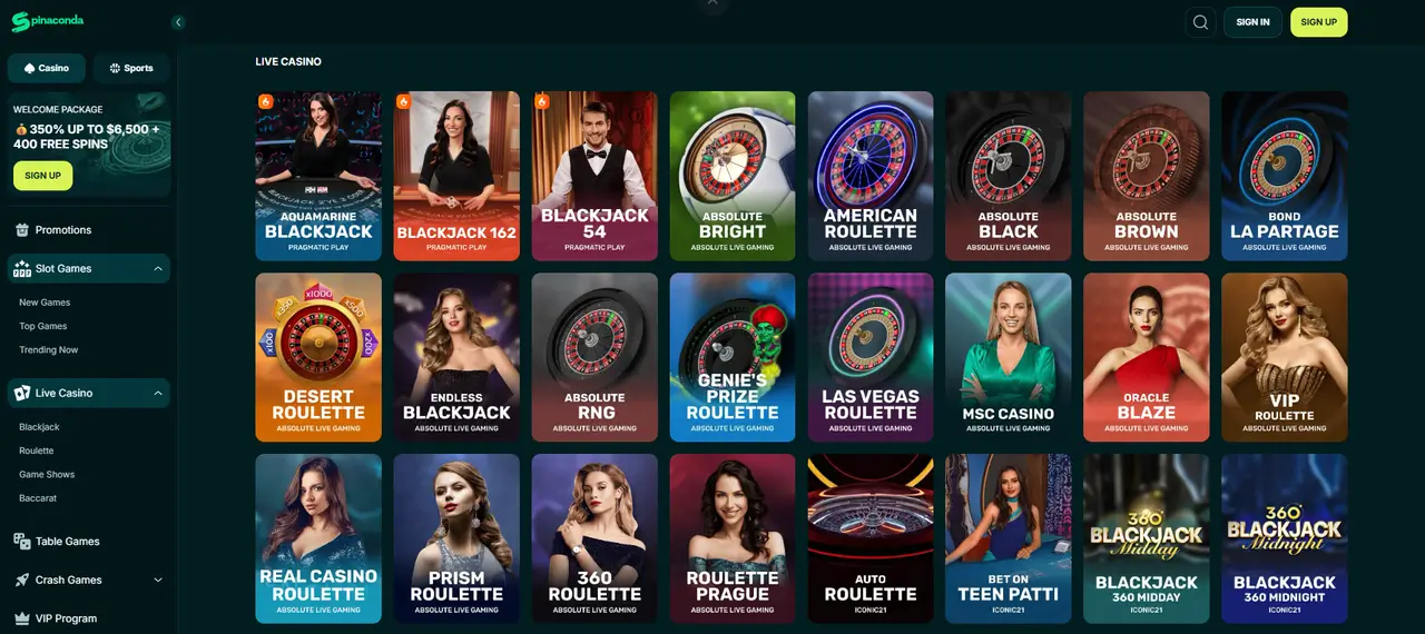 Spinaconda Casino live dealer table
