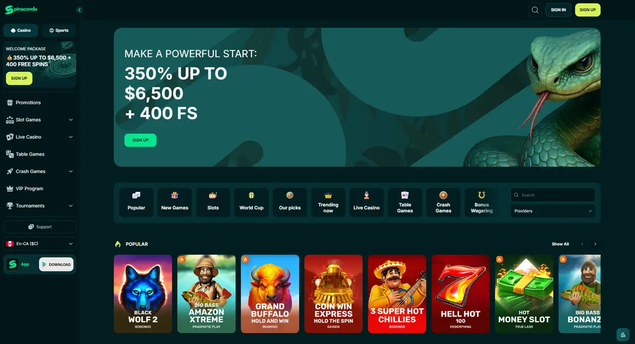 Spinaconda Casino lobby and game library