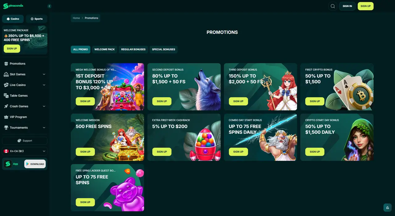 Spinaconda Casino promotions page