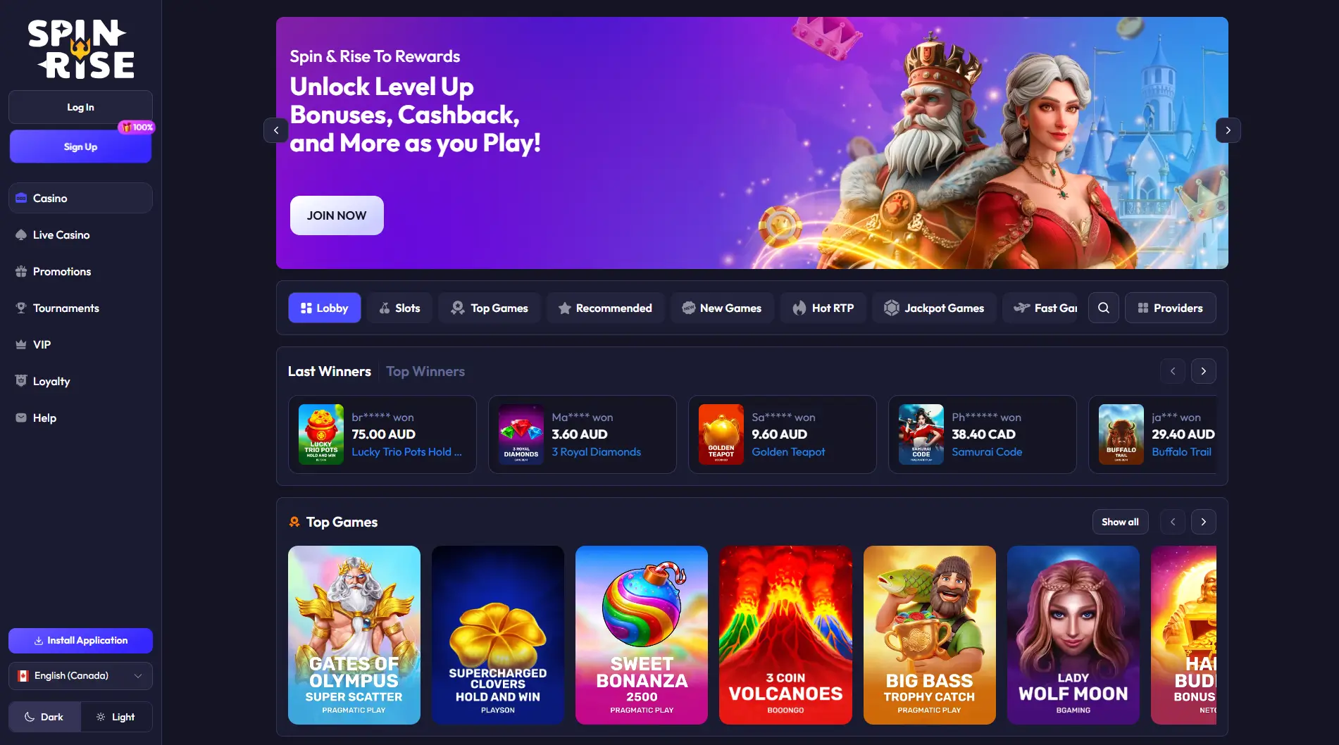 SpinRise Casino lobby and game library