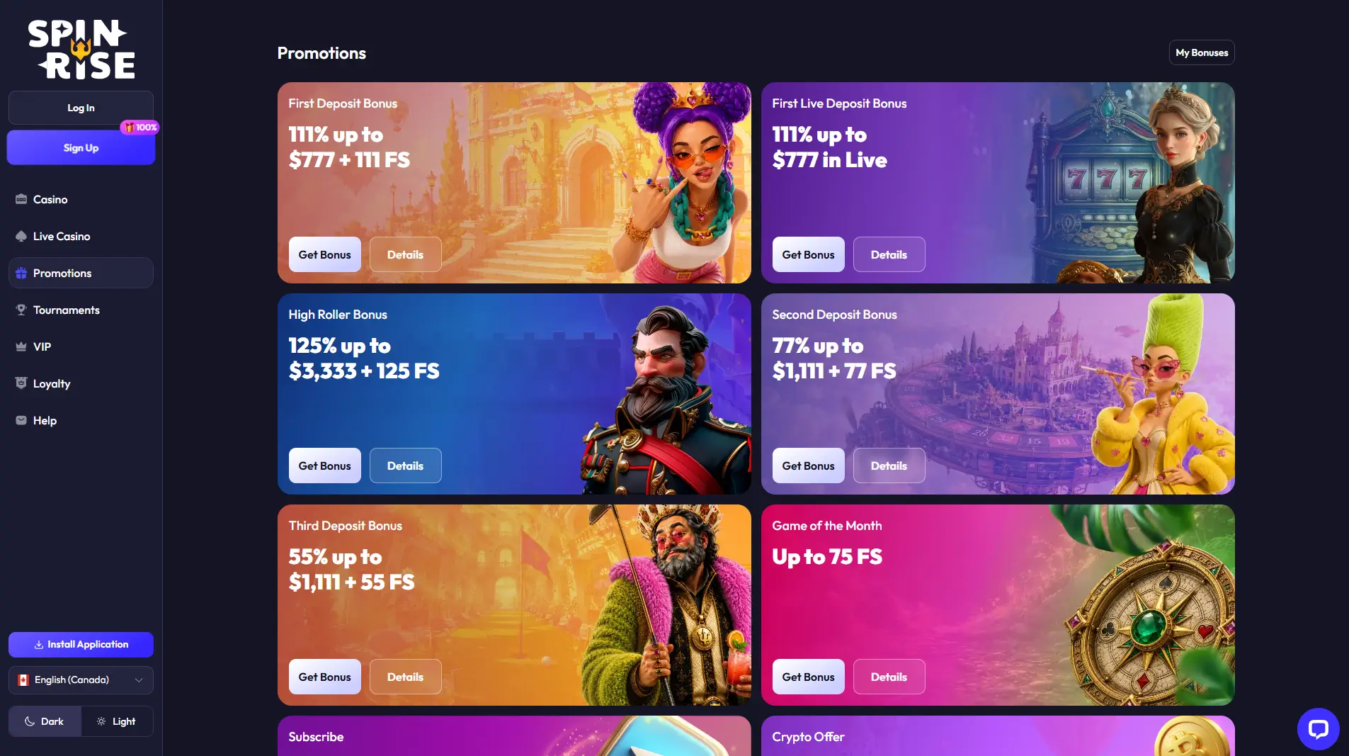 SpinRise Casino promotions page