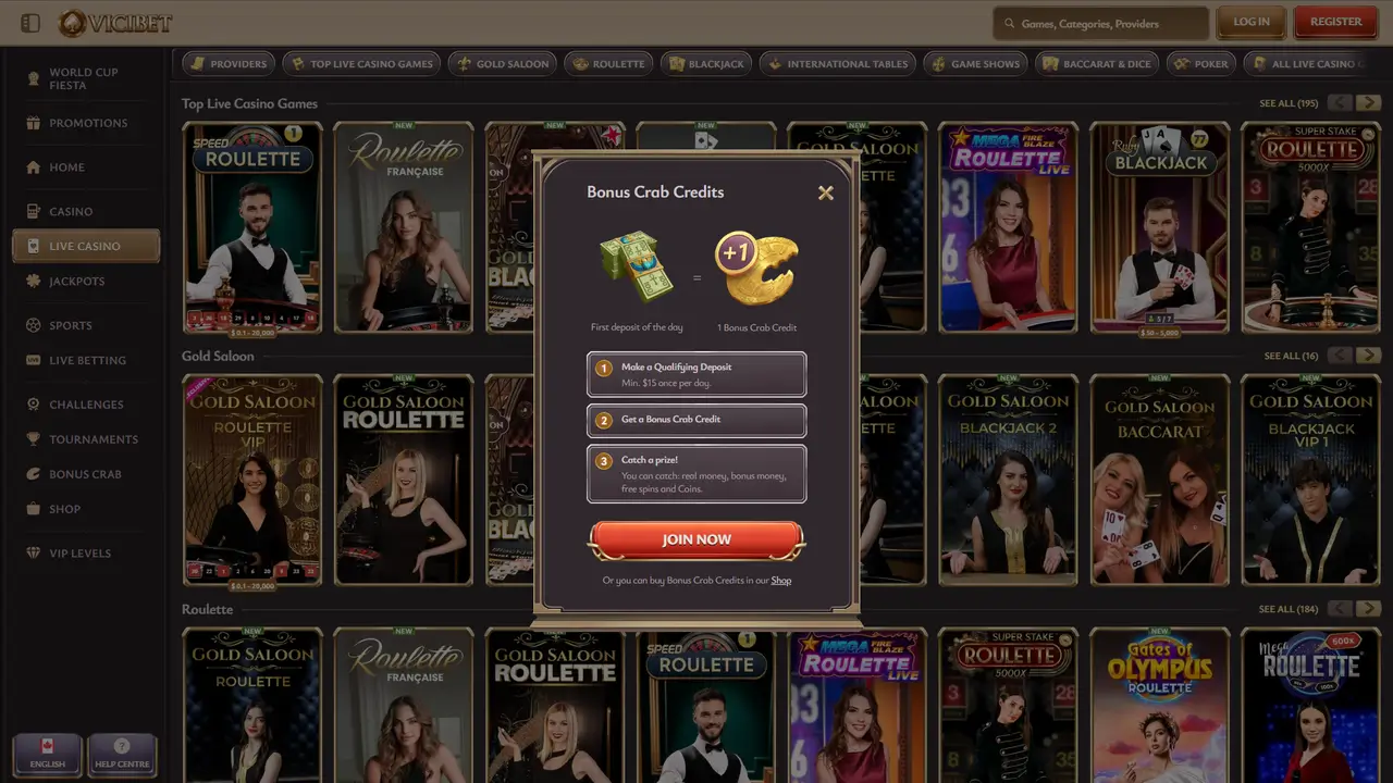 Vicibet Casino welcome bonus page