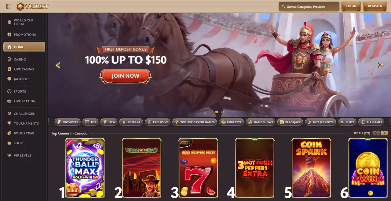 Vicibet Casino lobby and game library